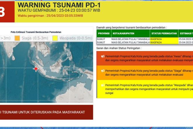 <p>Gempa 7.3 SR, BMKG Keluarkan Peringatan Dini Tsunami untuk Nias Selatan<p>